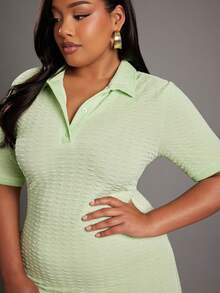 NYA SZN Avocado Green Summer Smart Casual Everyday Women's Plus Collared Textured Fitted Maxi Dress Modest Wedding Guest Prom Bridal Dinner Date Night Outfits - Green - View 4