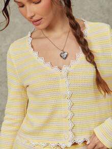 WESTFADE Women's Yellow Summer Casual Loungewear Crochet Lace Scoop Neck Button Front Striped Open Knit Crop Top & Mid Rise Drawstring Relaxed Shorts Sets - Apricot - View 2
