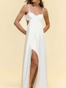 CAJUNI Elegant Solid Color Backless Spaghetti Strap Dress, Vacation, Sexy Vacation Dress - White - View 6