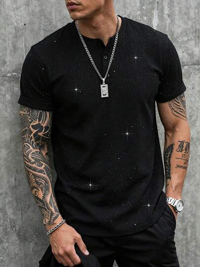 SLATEMANN Camiseta de manga corta casual y holgada para hombres, color negro, adornada con diamante de imitación, con un ajuste holgado, estilo callejero maduro, adecuada para ir al trabajo y el uso diario, es un gran regalo para el novio/esposo, o se puede usar como atuendo de pareja.