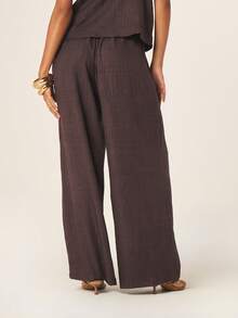 MISSGUIDED Quần ống rộng cạp cao chất liệu giả vải lanh với dây buộc tương phản, kiểu quần palazzo có dây rút, thích hợp cho mùa hè, phong cách thường ngày thoải mái, thoáng khí, nhẹ nhàng và mềm mại. - màu nâu - Xem 2