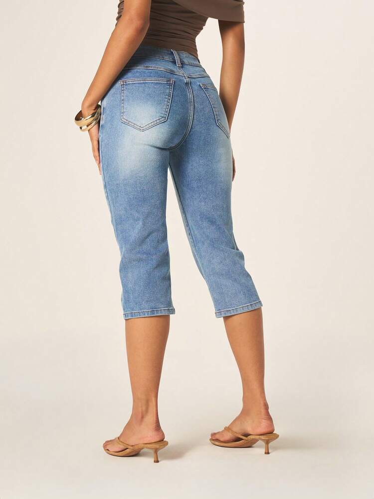MISSGUIDED Women's High Rise Light Wash Stretch Denim Capri Jeans With Skinny Fit Casual Summer Spring Cropped Pants