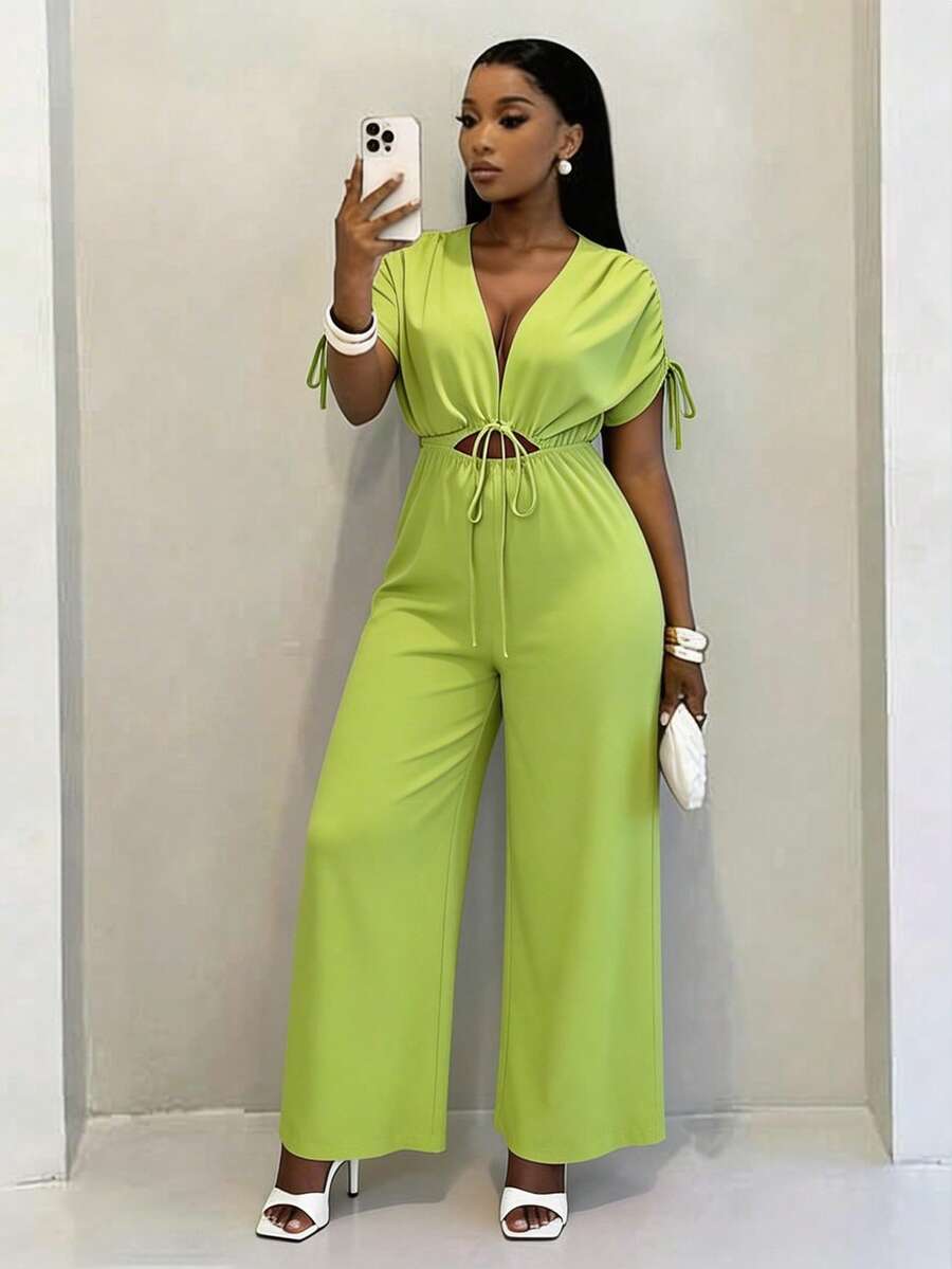 Xyvia Elegant Urban Chic New Arrival Women's Spring/Summer V-Neck Hollow Waist Tie Flared Leg Jumpsuit, Suitable For Daily Wear, Weddings, Galas, Commute, Graduation Parties, Holidays, Vacations, Dates, Parties, Halloween, Christmas, New Year, Thanksgiving - Green - View 1
