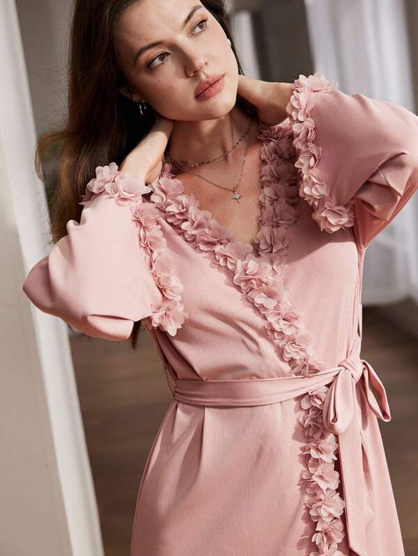 Women's Solid Color Long Sleeve Lace Trim Comfortable Wrap Robe