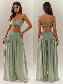 Radiana 女士夏季性感优雅休闲鼠尾草绿亚麻质感两件套，文胸上衣+阔腿裤，荷叶边褶皱柔软飘逸度假装，休闲套装，适合休闲外出、海岛度假、海滩、节日、音乐会等场合。 - 綠色 - 查看 5