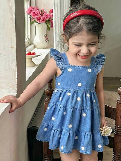 LMoss Kids Young Girl' Floral Pattern Blue Denim Ruffle Hem Dress,Kid Girls Spring And Summer Casual Vacation Country Boho Wear, Beach Outfits For Kid Girls,Comfortable And Soft Denim Pant,Girl Summe   Dress,White Daisy Seedling  Dress