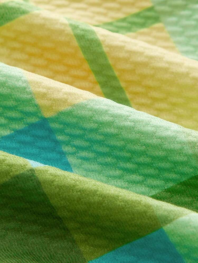 Crinkle Textured Green Check Print Scoop Back Swimsuit One Piece Swimwear Spring Summer Beachwear Vintage