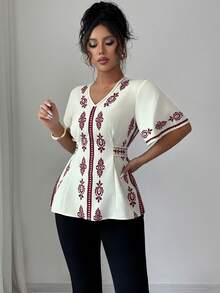 Rafferiza Áo kiểu nữ cổ chữ V in hoa tay bồng thời trang, mùa hè - Màu be - Xem 3