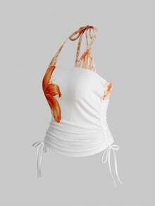 ROMWE Vacation Style Retro Y2K Vintage Lily Flower Floral Pattern 2 In 1 Plus Size Camisole And Tank Top - White - View 8