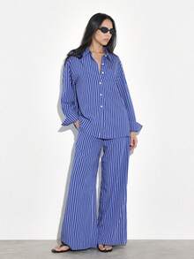 KSTM Women's Vertical Striped Long Sleeve Shirt And Wide Leg Palazzo Pants Two Piece Coordinating Set Spring Summer Outfit - Blue and White - View 1