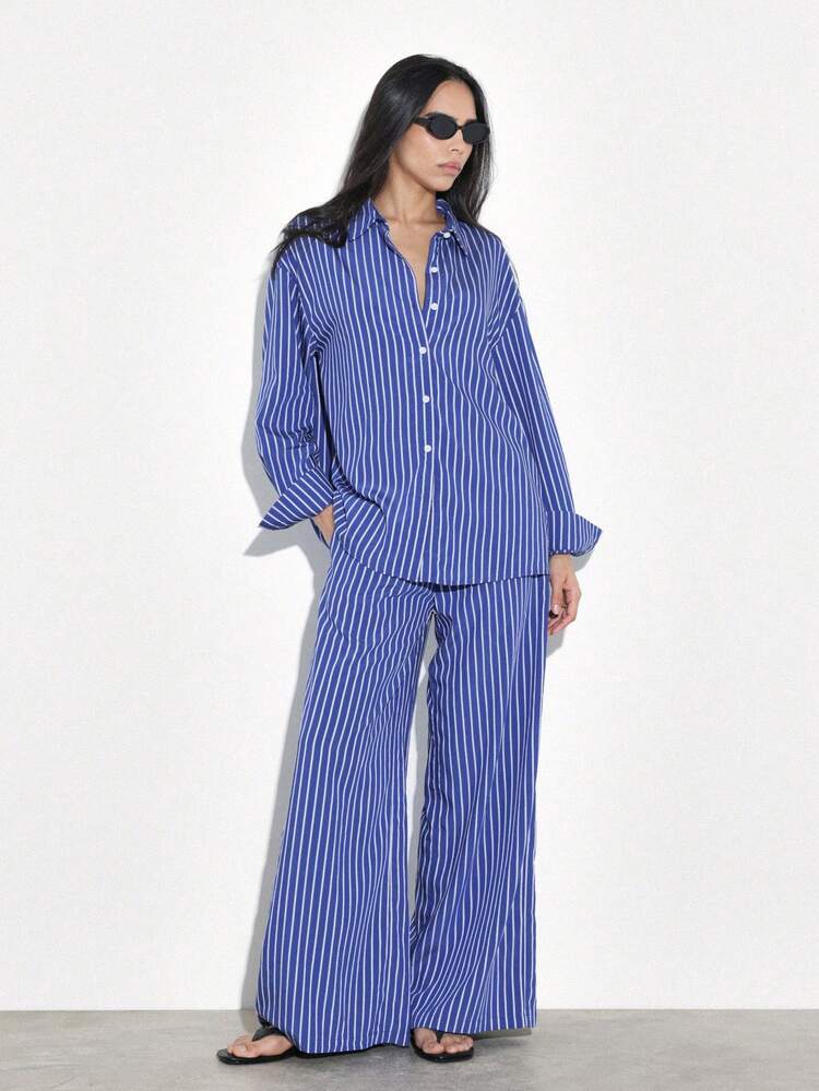 KSTM Conjunto de dos piezas de camisa de manga larga con rayas verticales y pantalones palazzo de pierna ancha para mujer, conjunto coordinado de primavera y verano
