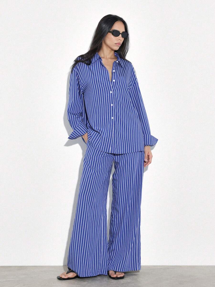 KSTM Women's Vertical Striped Long Sleeve Shirt And Wide Leg Palazzo Pants Two Piece Coordinating Set Spring Summer Outfit - Blue and White - View 1
