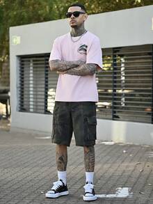 Devon Thys K-GLORY Men's Casual Versatile Simple Japanese Crane Print Short Sleeve T-Shirt - Pink - View 6