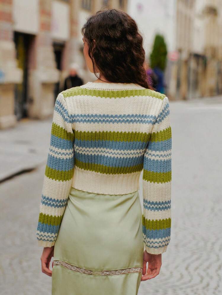 Green And Blue Stripe Knitted Button Front Cropped Long Sleeve Cardigan Cosy Cute Spring French Style Parisian Style Summer Sweaters For Women Jumper For Woman Summer Jumper Cottagecore Clothes