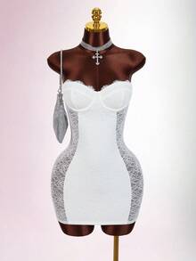 Amplova Vestido mini ajustado transparente con detalles de encaje para fiesta - Blanco - Ver 9