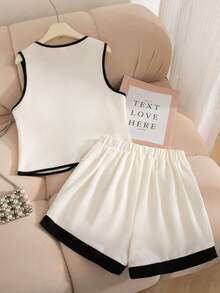 Bộ đồ 2 mảnh thời trang mùa hè dành cho bé gái tuổi teen ChillGRL gồm áo không tay và quần short, cổ tròn, cài nơ trang trí, chất vải mềm mại, thoải mái, lựa chọn thanh lịch và ngọt ngào cho các bữa tiệc, sinh nhật. - Màu be - Xem 2
