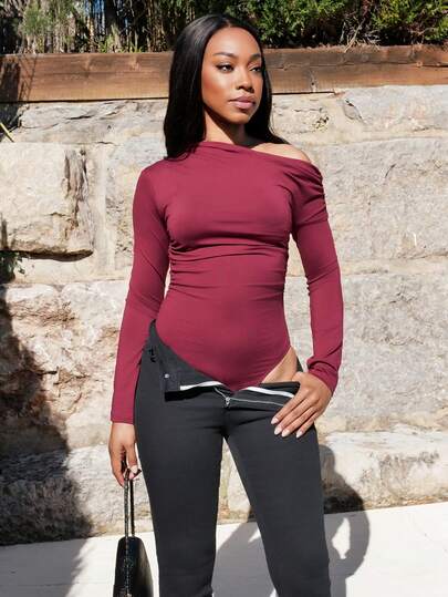 Yess Loren 1 件女式优雅纯色不对称领口长袖紧身衣，秋季