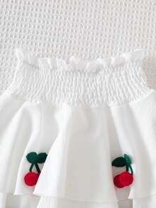 Elladie kids 少女夏季可爱度假风多层罗纹针织吊带背心和纸袋腰层叠半身裙套装，饰有樱桃绒球 - 紅色 - 查看 6