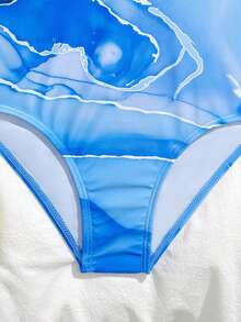 SHEIN Tween Girl Blue Ink-Wash Color Block 1pc Swimsuit, Summer Casual Beach Holiday Cross Back Strap Tween Girl Quick-Drying Breathable Swimming Suit - Multicolor - View 4