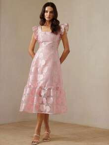 Aveloria Rosie New Arrival Elegant Cap Sleeve Rose Jacquard Sleeveless Dress - Pink - View 3
