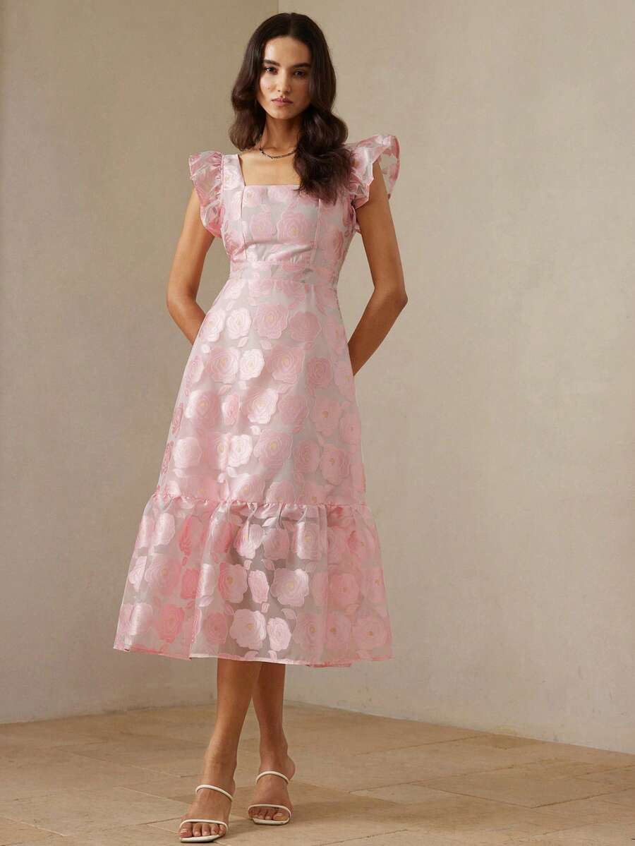 Aveloria Rosie New Arrival Elegant Cap Sleeve Rose Jacquard Sleeveless Dress - Pink - View 1