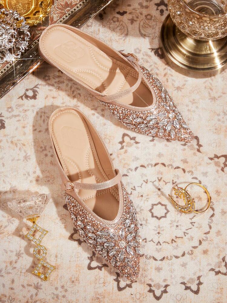 CUCCOO TILAWA Women Shoes Fashion Pointed Flat Bottom Champagne Strap Full Diamond Rhinestone Comfortable Commuter Versatile Gorgeous Party Banquet Ladies Flat Bottom Shoes Mule Women's Shoes