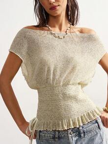 Bohemela 女士休闲纯色针织露肩宽松T恤 - 綠色 - 查看 2