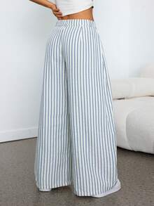 SHEIN PETITE Quần dài nữ mùa hè kiểu vintage, phong cách hippie, dáng rộng, màu xanh rêu quân đội. - Màu xanh lam - Xem 3