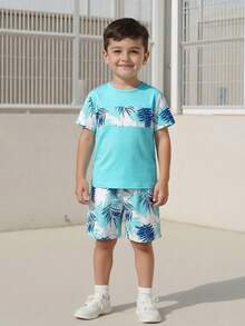 SHEIN Playful Pals 2件套男童休闲树叶印花圆领短袖短裤套装，夏季 - 薄荷綠 - 查看 4