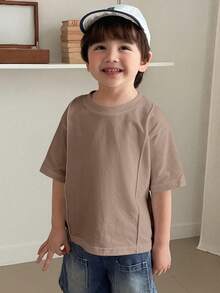 Hapijoa Kleine Jungen Lässig Alltags Pendler einfache unifarbene Loose Fit T-Shirts, Drop-Shoulder, Sommer Frühling - Kaffeebraun - Übersicht 8