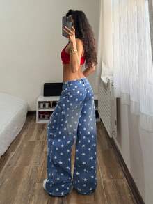 StreetHx Star Print Ombre Slant Pocket Loose Fit Denim Jeans - Blue - View 6