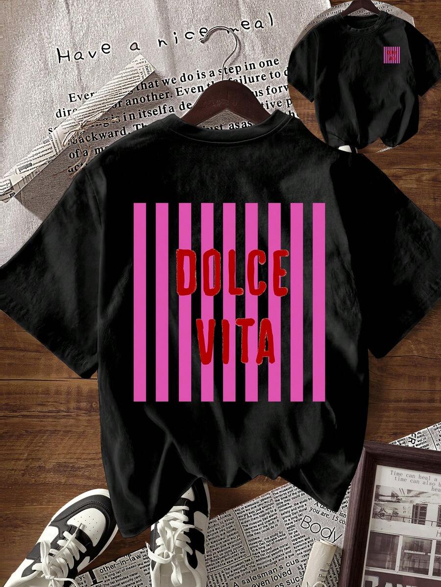 EMERY ROSE 女士简约印花圆领短袖T恤，夏季 - 黑色 - 查看 1