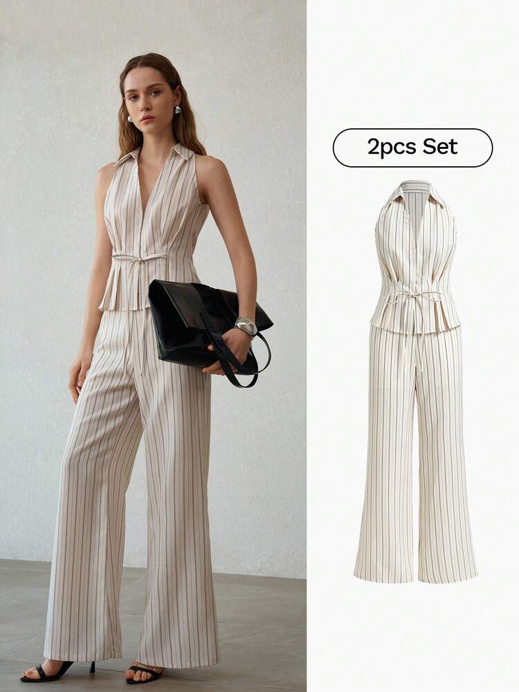 STRIPED BOW DECOR SLEEVELESS TOP AND FLARE PANTS SET