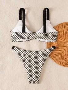 Swim Mod Women's Swimsuit Set, Green Thick Strap High-Cut Bikini Bottoms, Sexy & Sweet, Versatile For Beach Vacation, Spring/Summer, Mesh Fabric - Black - View 6