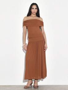 KSTM Women's Off Shoulder Rust Brown Gathered Bardot Top With Ruched Detailing And Flowing Tiered Hem For Fall Autumn Fashion - Khaki - View 3