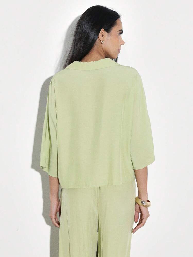 KSTM Sage Green Oversized Polo Blouse With V-Neck Collar Three Quarter Sleeves Relaxed Fit Women's Casual Spring Summer Top