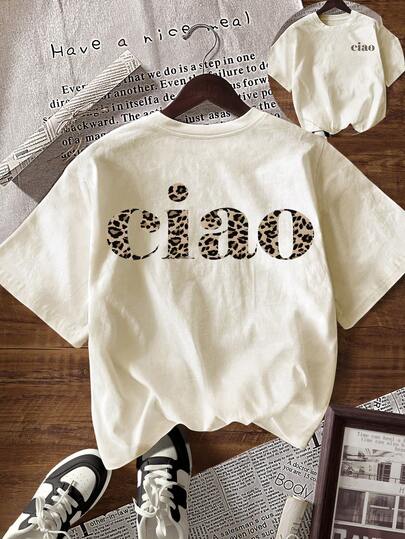 Glissea تي شيرت نسائي بطبعة نمر وطباعة حرفية بياقة دائرية وأكمام قصيرة