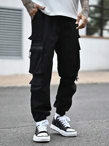 Devon Thys 男士宽松抽绳纯黑色外出工装裤，秋季 - 黑色 - 查看 5