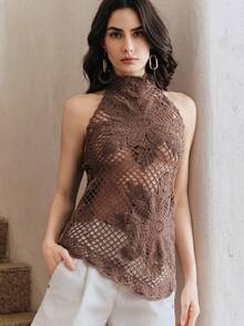 Anewsta Gilet à col montant tricoté avec broderie, col large - Marron - Voir 6