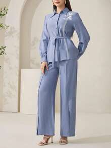 Veilorie Women's Front Button Long Sleeve Casual Elegant Shirt And Pants 2 Pieces Set - Blue - View 5