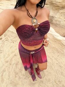 Rustia Plus Size Leopard Ombre Print Vacation Style Bandeau Top And Slit Hem Skirt 2 Pieces Set - Red - View 7