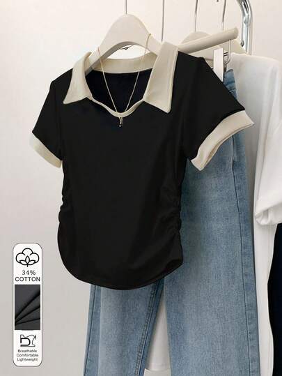 Selamara 34% Cotton Casual Contrast Color Polo Collar Short Sleeve T-Shirt, Gift For Friends