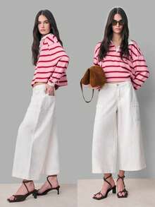 Nöista Quần culotte Bermuda ống rộng màu trắng, cạp trung bình, có túi bên hông, chất liệu denim trắng, chiều dài midi. Kiểu dáng thoải mái, thích hợp cho mùa xuân, hè, thường ngày, dự tiệc trang trọng, tiệc bể bơi, đi nghỉ mát. Phù hợp cho kỳ nghỉ, đi chơi sang trọng, đám cưới, tiệc tùng, lễ hội. - Màu be - Xem 1