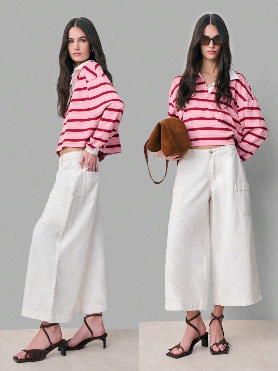 Nöista Quần culotte Bermuda ống rộng màu trắng, cạp trung bình, có túi bên hông, chất liệu denim trắng, chiều dài midi. Kiểu dáng thoải mái, thích hợp cho mùa xuân, hè, thường ngày, dự tiệc trang trọng, tiệc bể bơi, đi nghỉ mát. Phù hợp cho kỳ nghỉ, đi chơi sang trọng, đám cưới, tiệc tùng, lễ hội. - Màu be - Xem 1