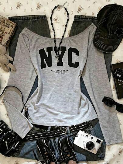 Teen Girls Off-Shoulder Floral Gray English Print Long Sleeve Fitted Top, Casual & Collegiate