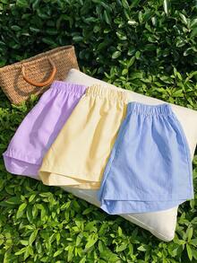 SHEIN Bộ 3 quần short ống đứng kẻ sọc dệt kim phong cách đường phố thường ngày dành cho bé gái tuổi teen. - Nhiều màu - Xem 3