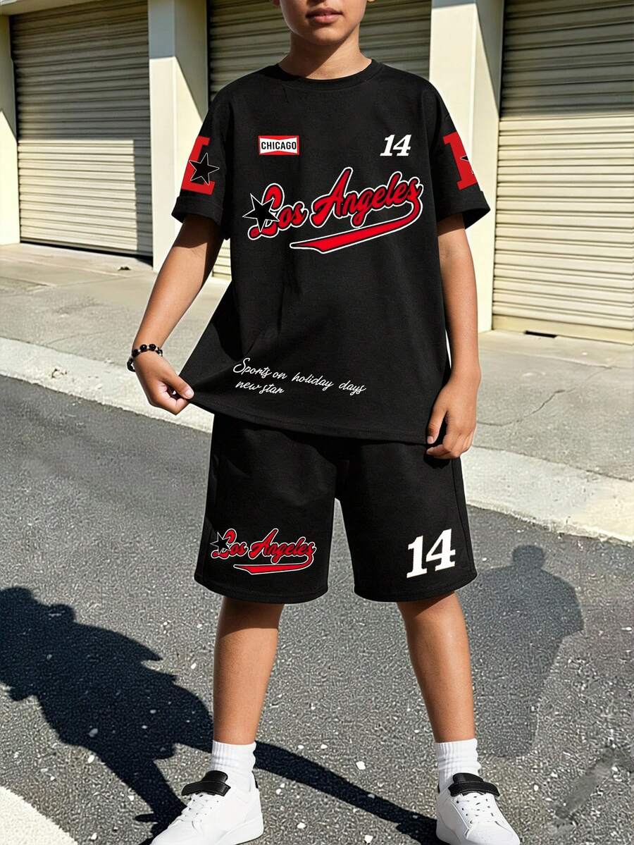 男童休闲时尚创意图案T恤短裤套装（2件套），舒适百搭，适合春、夏、秋季日常穿着。 - 彩色 - 查看 1