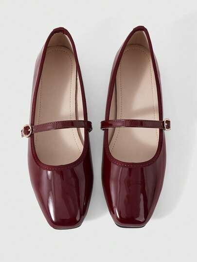 Sleekvia French Patent Leather Single Shoes Women's Flat Bottom 2026 Spring New One-Word Buckle With Mary Jane Shoes Color Matching Work Shoes