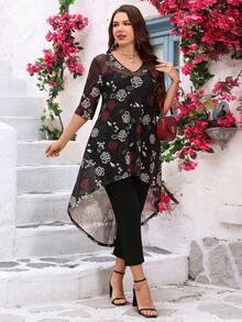 EMERY ROSE Plus Size Women's Black Summer Tropical Floral Sheer Top And Pants Set, V-Neck Short Sleeve Tunic Blouse Holiday Tea Party Brunch Vacation Outfits - Multicolor - View 3