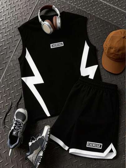 Vacaura 2pcs/Set Teenage Boys' Black Sleeveless Top And Shorts, White Lightning Print, Suitable For Summer Casual Sports Outdoor Activities